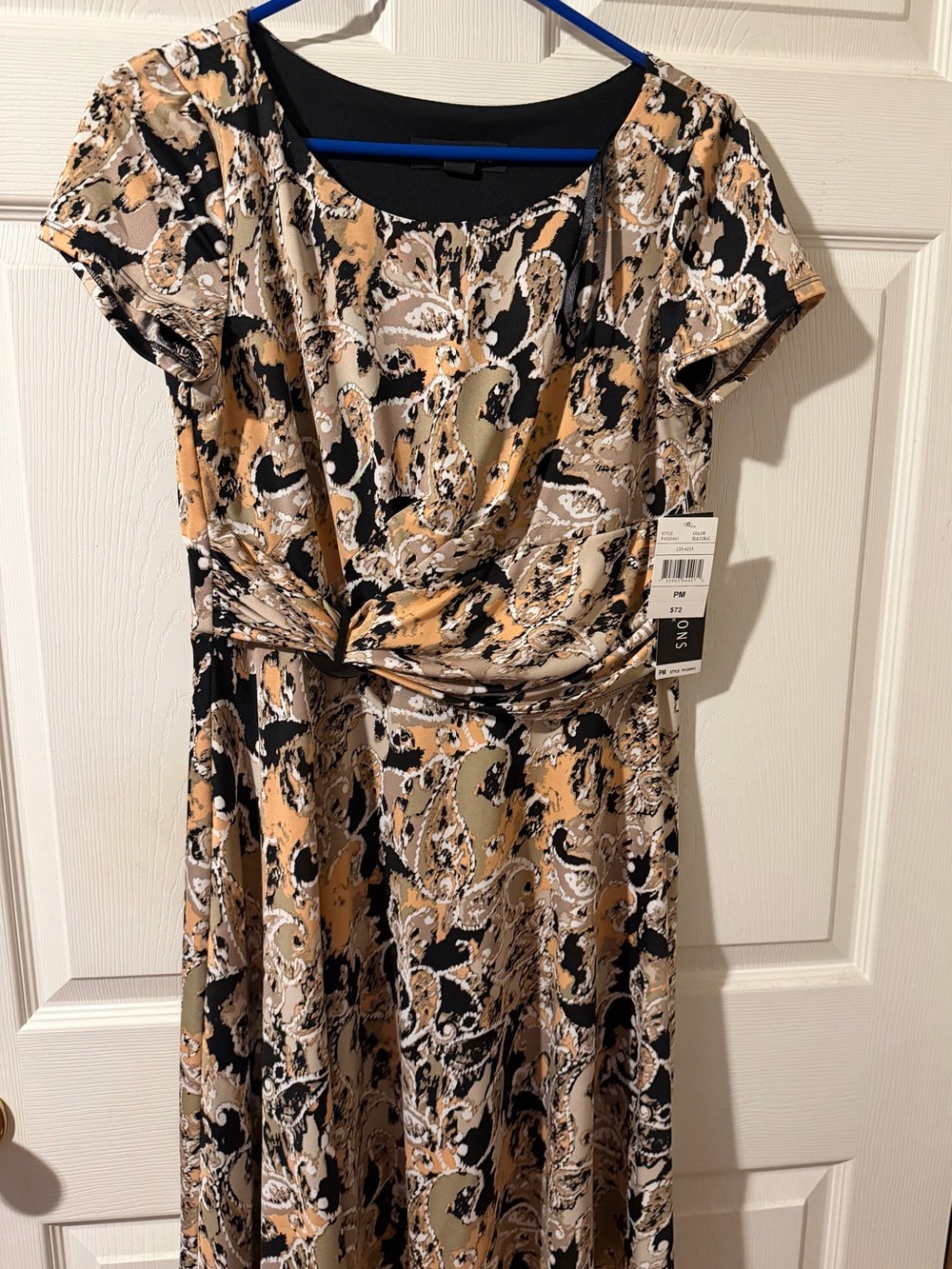 Tie-Front Midi Dress in Black, Tan & Cream - Women